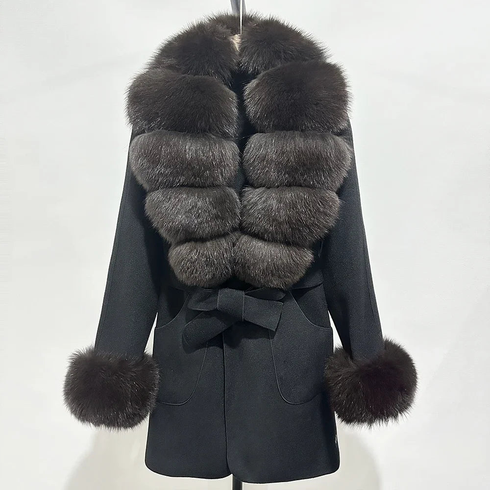 Fur Coat Natural Fur Collar Real Fox Fur Overcoat Female 2025 Autumn Winter Wool Coat Women Clothes Cuffs Woolen Jacket