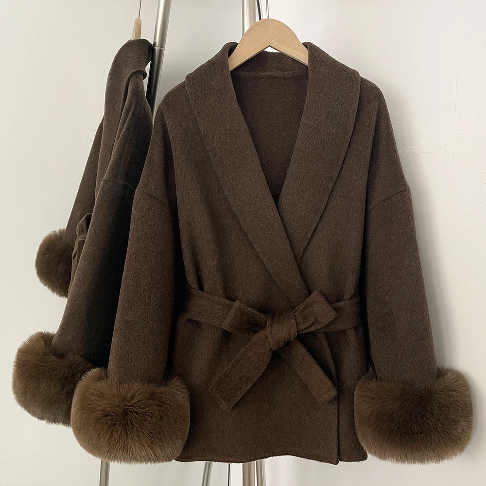 Wool Coat Faux Fur Women Overcoat Fake Fox Fur Patchwork Woolen Coat Fur Eco-friendly Lady Wool Jacket Artificial Autumn Spring