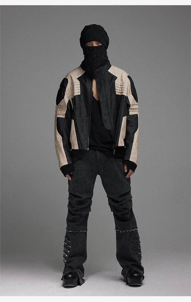 Mauroicardi Spring Autumn Cool Color Block Patchwork Pu Leather Jacket Men Zip Up Luxury Designer Clothes Runway Fashion 2023
