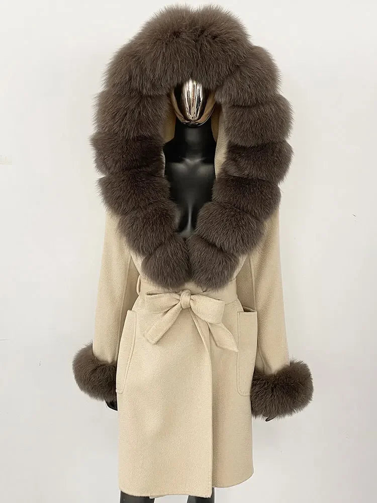 Natural Real Fox Fur Hooded Pocket Winter Jacket  100% Blends Wool Coat Women Loose Outerwear Casual Outerwear Streetwear