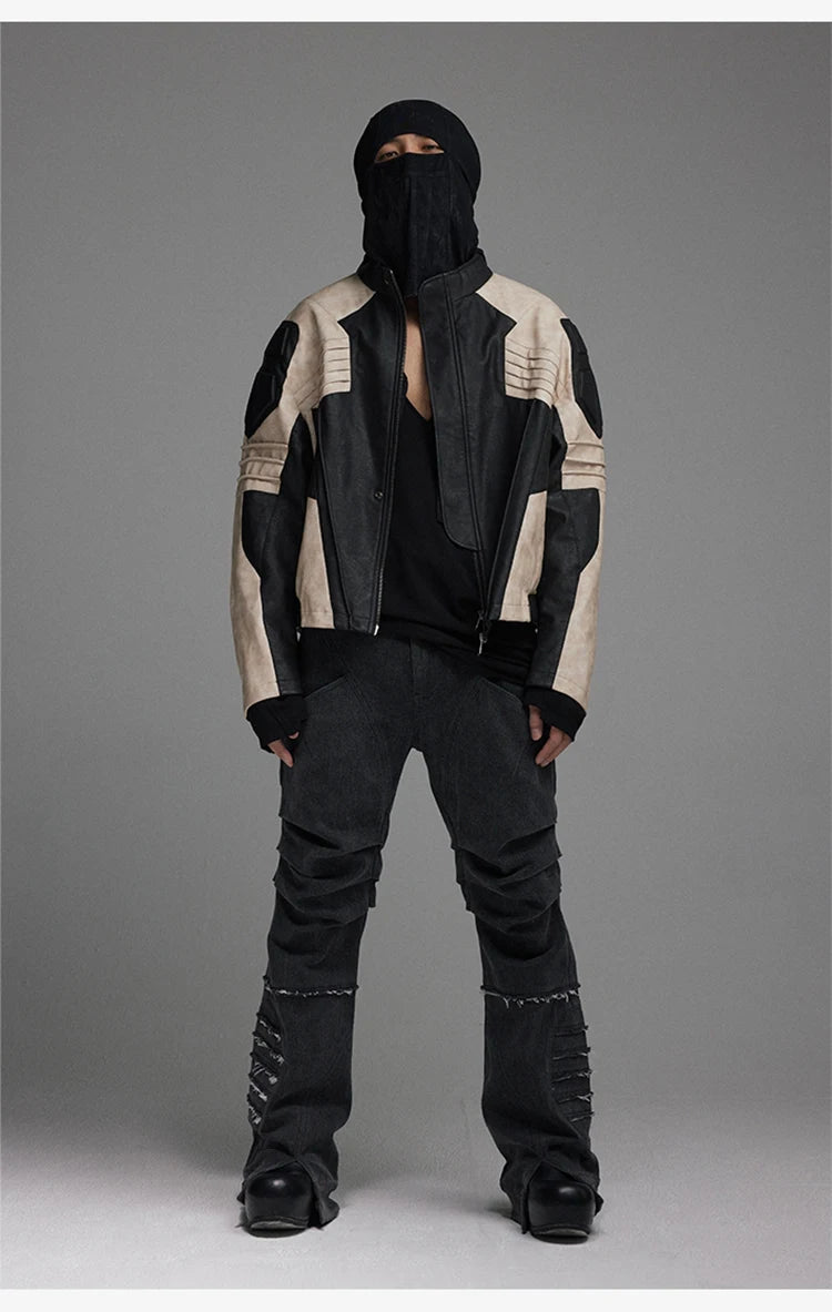 Mauroicardi Spring Autumn Cool Color Block Patchwork Pu Leather Jacket Men Zip Up Luxury Designer Clothes Runway Fashion 2023