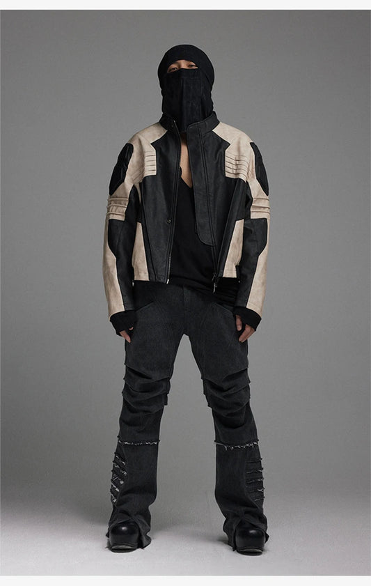 Mauroicardi Spring Autumn Cool Color Block Patchwork Pu Leather Jacket Men Zip Up Luxury Designer Clothes Runway Fashion 2023