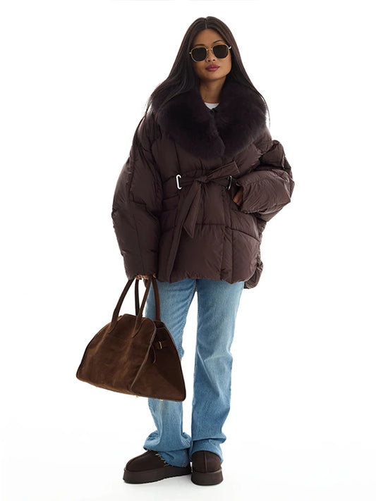 Fur Padding Women's Jacket Fashion Lace Up Long Sleeve Loose Female Coats Winter Street Chic Thicken Lady Loose Outwears