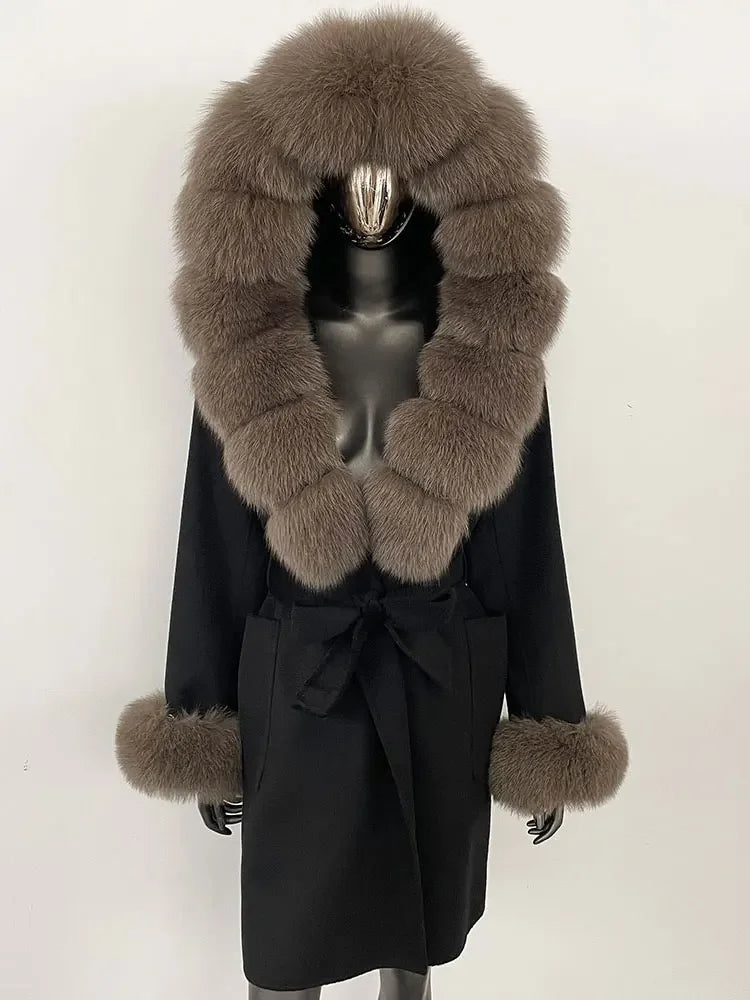 Natural Real Fox Fur Hooded Pocket Winter Jacket  100% Blends Wool Coat Women Loose Outerwear Casual Outerwear Streetwear