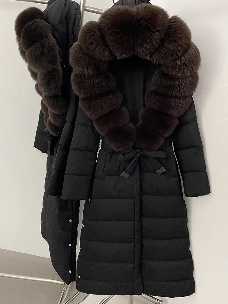Hooded Winter White Duck Down Coat Large Real Fox Fur Collar X-Long Puffer Jacket Women Thick Female Parkas With Belt