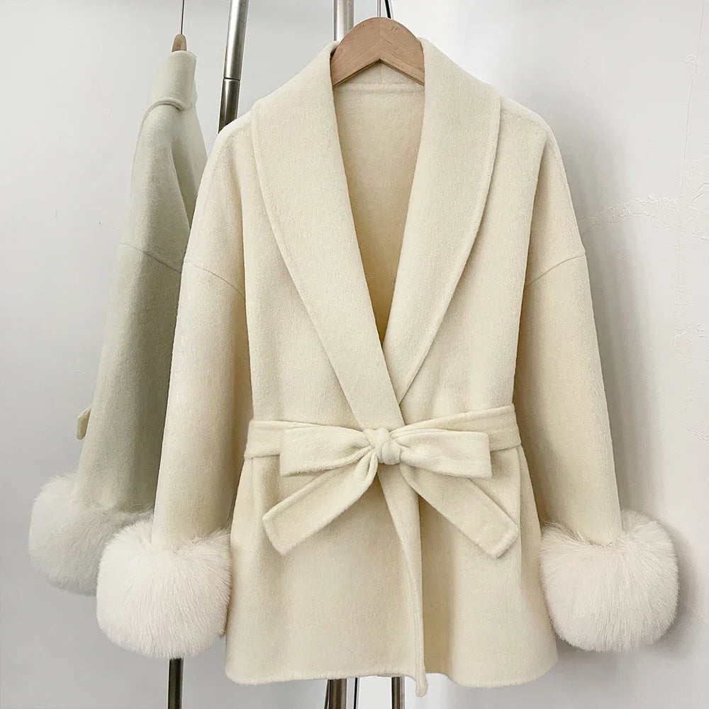 Wool Coat Faux Fur Women Overcoat Fake Fox Fur Patchwork Woolen Coat Fur Eco-friendly Lady Wool Jacket Artificial Autumn Spring