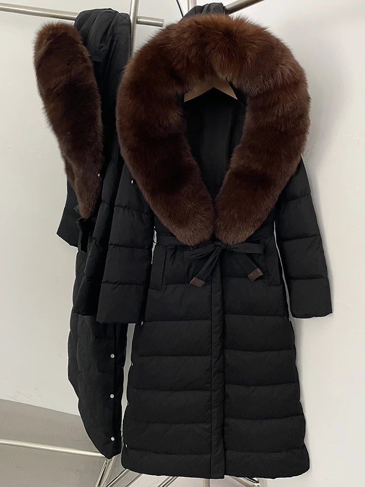 Hooded Winter White Duck Down Coat Large Real Fox Fur Collar X-Long Puffer Jacket Women Thick Female Parkas With Belt