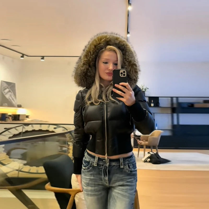 Short Down Women's Jacket Faux Fur Collar Hat Detachable Sleeves Coat Slim Warm Outwears 2025 Winter Thicken Coats
