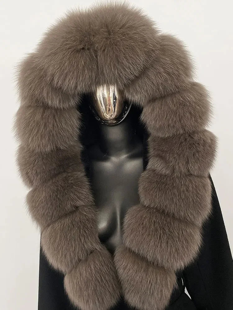Natural Real Fox Fur Hooded Pocket Winter Jacket  100% Blends Wool Coat Women Loose Outerwear Casual Outerwear Streetwear
