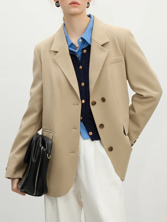 Khaki Blazer 2025 Spring New Office Lady Black Simple Loose Front Shoulder Blazer Coats Button Design Women Coat