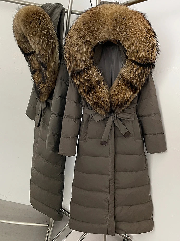 Hooded Winter White Duck Down Coat Large Real Fox Fur Collar X-Long Puffer Jacket Women Thick Female Parkas With Belt