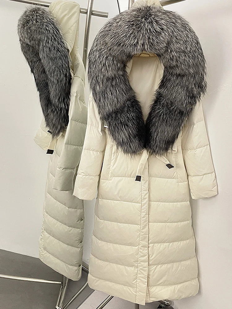 Hooded Winter White Duck Down Coat Large Real Fox Fur Collar X-Long Puffer Jacket Women Thick Female Parkas With Belt