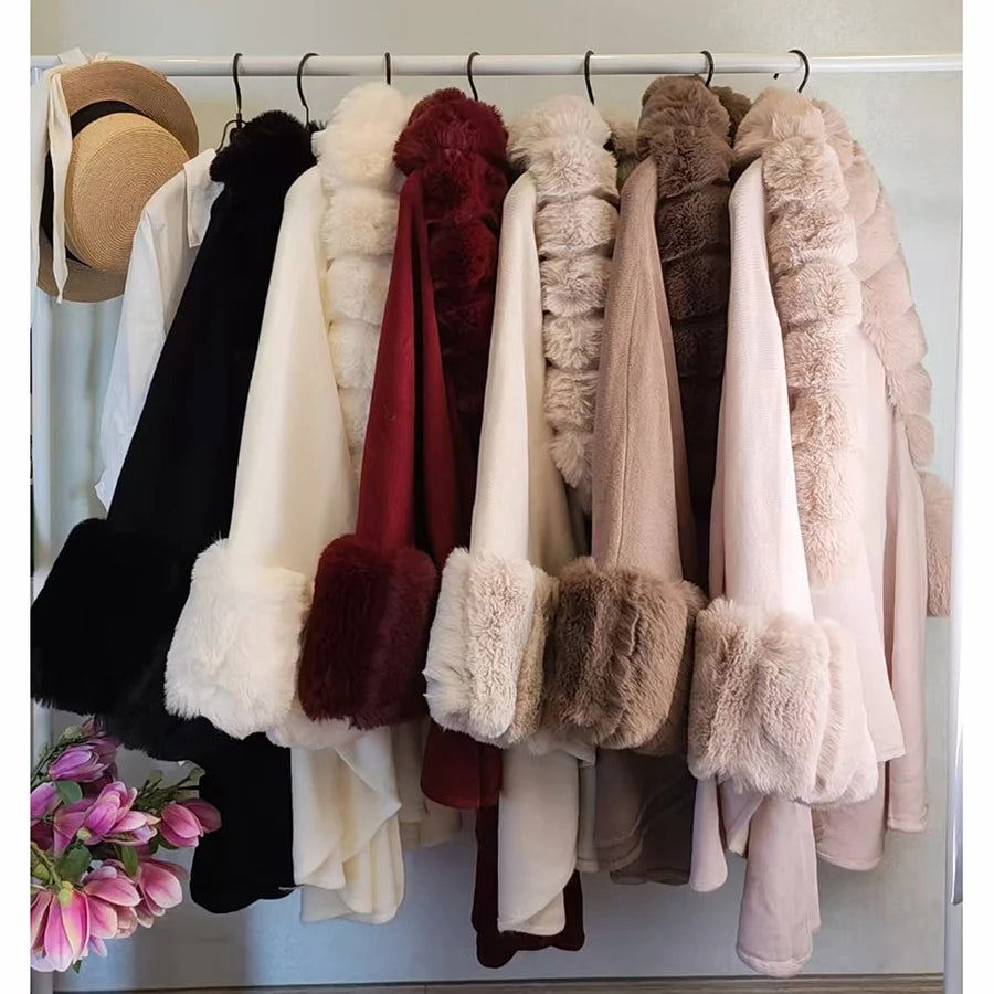 Wide Lapel Faux Rabbit Fur Cape Coat Women Winter Loose Knit Cloak Cardigan Soft Poncho Wraps Overcoat New