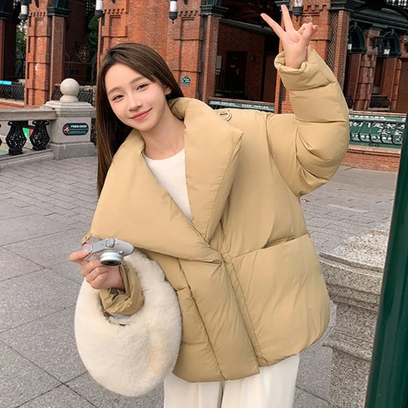 Women's Winter Lapel Puffer Jacket Loose Y2K Fashion Down Cotton Coat Woman Solid Color Casual Windproof Warm Cropped Parkas