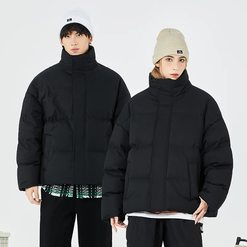 Unisex stand collar white solid color down Jacket Warm  Jackets Winter coat Loose Casual thick cotton Padded filled overCoat