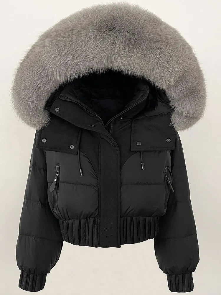 CXFS 2025 Winter Jacket Women Short Natural Real Raccoon Fox Fur Collar Hooded White Duck Down Coat Thick Warm Casual Outerwear