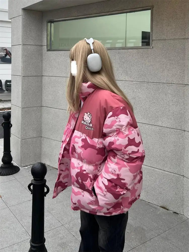 Hello Kitty Winter Women Camouflage Down Jacket Thicken Coat Sanrio Anime Kawaii Warm Cotton Clothes Tops Girl Student Loose
