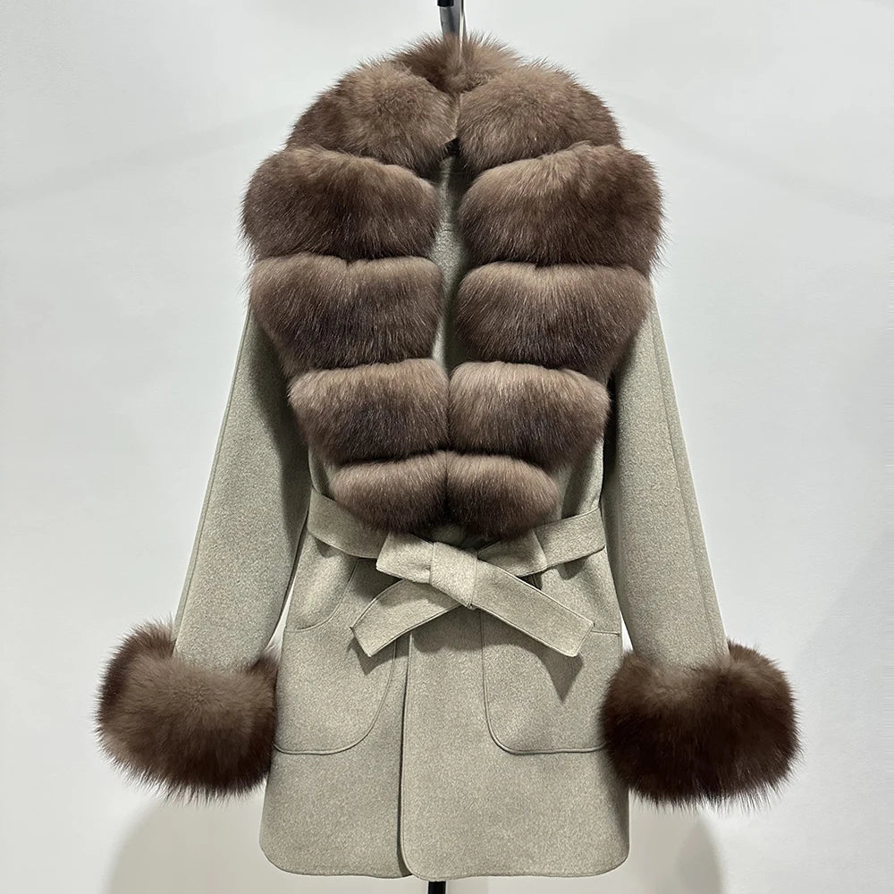 Fur Coat Natural Fur Collar Real Fox Fur Overcoat Female 2025 Autumn Winter Wool Coat Women Clothes Cuffs Woolen Jacket