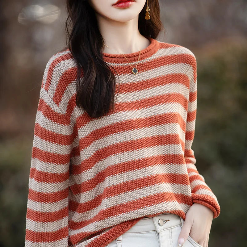 Women 100% Cotton Sweater Autumn Winter Curled O-Neck Pullover Long Sleeve Bottoming Colorful Stripes Knitwear Loose Clothing