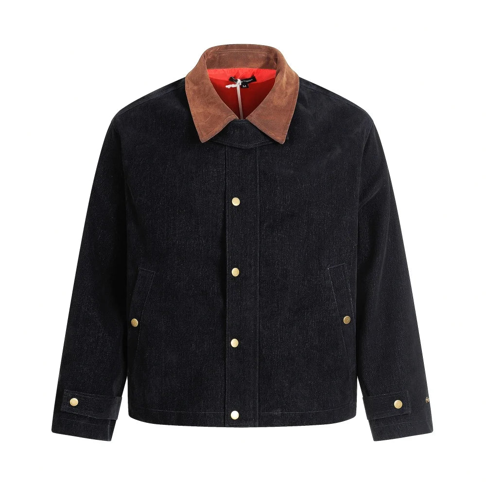 Spliced Cargo Denim Jacket Mens Retro Casual Autumn Lapel Single Breasted Long Sleeve Jeans Jacket Man Outerwear