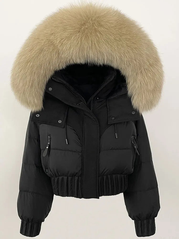 CXFS 2025 Winter Jacket Women Short Natural Real Raccoon Fox Fur Collar Hooded White Duck Down Coat Thick Warm Casual Outerwear