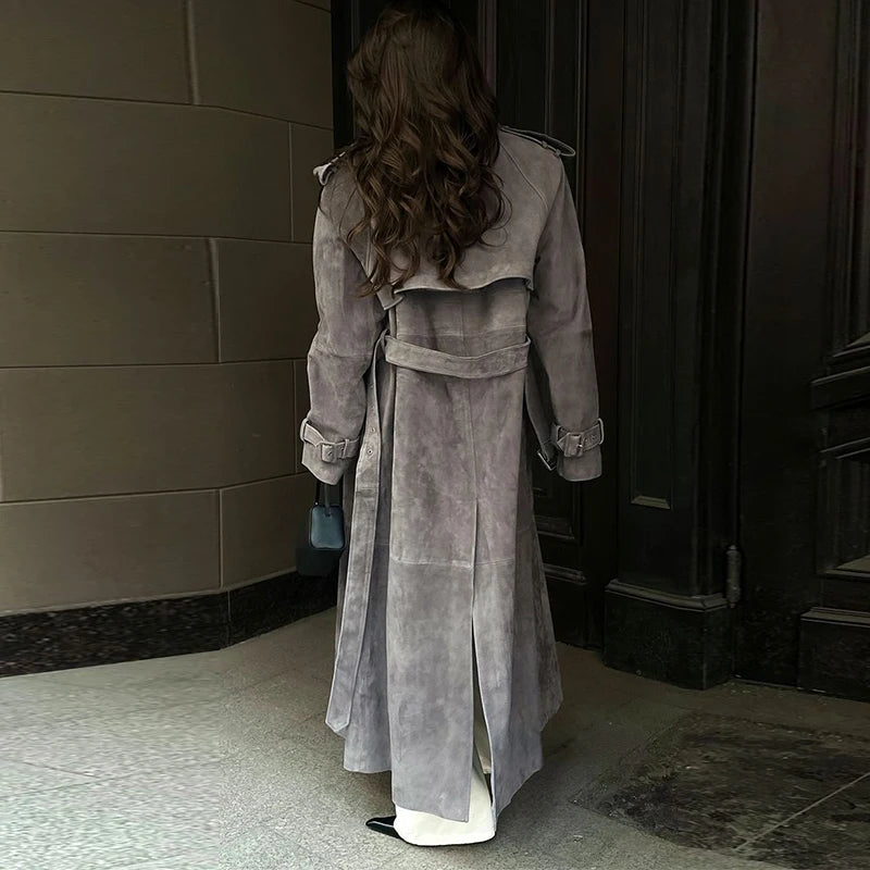 Vintage Suede Long Jackets Women Loose Lapel Double Breasted Belts Coats Female 2025 Autumn Winter Fashion Solid Thick Outwears