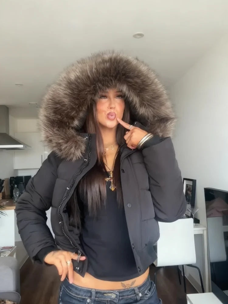 Women’s Cropped Puffer Jacket with Faux Fur Hood