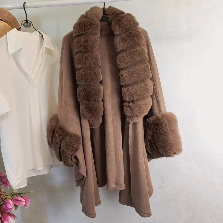 Wide Lapel Faux Rabbit Fur Cape Coat Women Winter Loose Knit Cloak Cardigan Soft Poncho Wraps Overcoat New