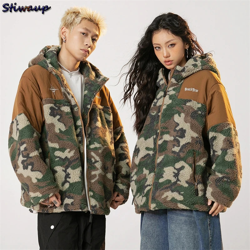 Hooded Plush Down Unisex Jacket Camouflage Hoodie Winter Faux Fur Coat Luxury Trench Coats Winter Short Parkas