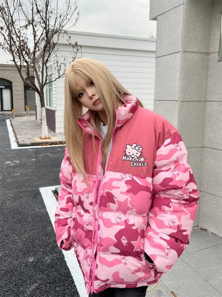 Hello Kitty Winter Women Camouflage Down Jacket Thicken Coat Sanrio Anime Kawaii Warm Cotton Clothes Tops Girl Student Loose
