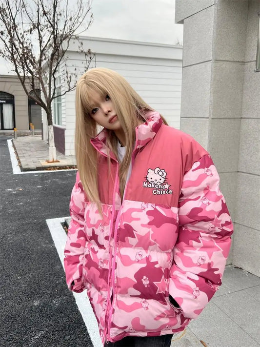Hello Kitty Winter Women Camouflage Down Jacket Thicken Coat Sanrio Anime Kawaii Warm Cotton Clothes Tops Girl Student Loose