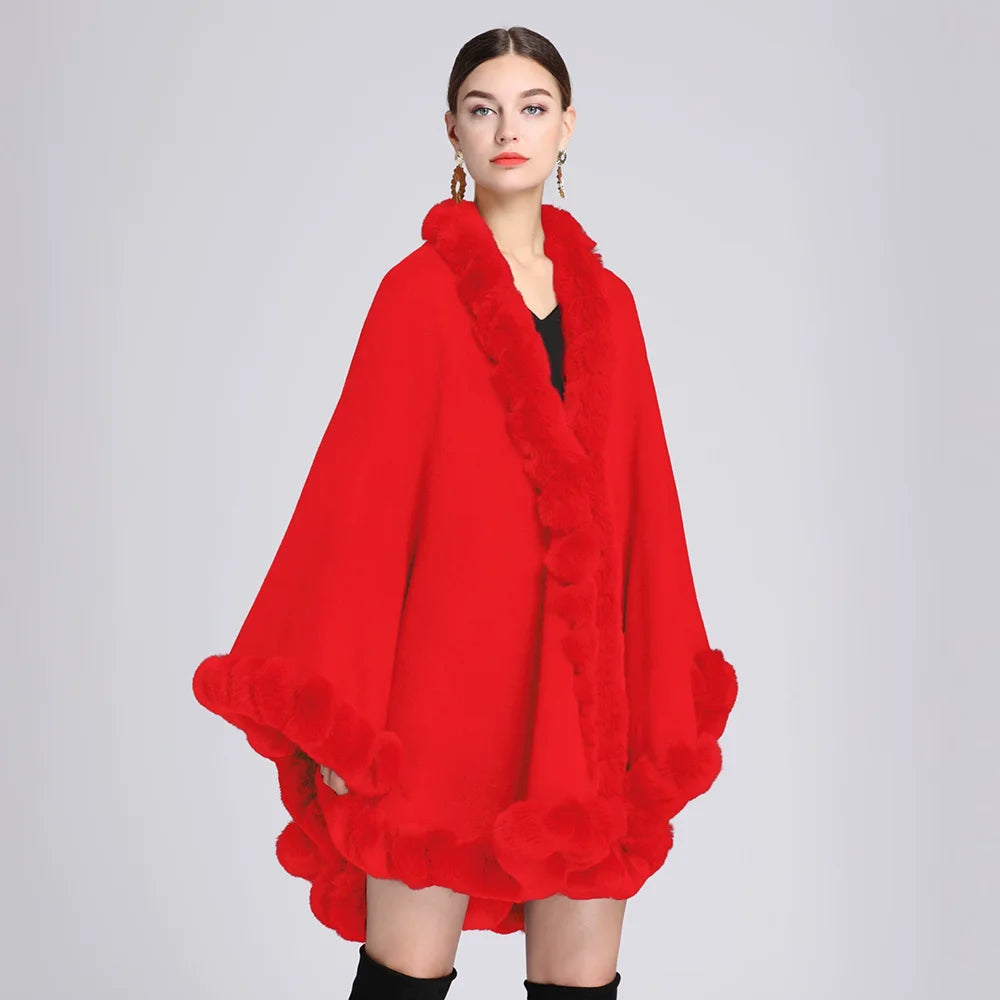 Fashion Handcraft Full Trim Faux Rex Rabbit Fur Cape Coat Loose Knit Cashmere Cloak Shawl Women Fall Winter New Pallium Outwear