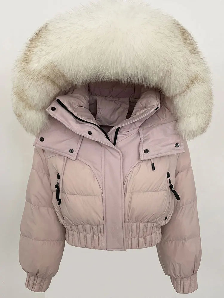 CXFS 2025 Winter Jacket Women Short Natural Real Raccoon Fox Fur Collar Hooded White Duck Down Coat Thick Warm Casual Outerwear
