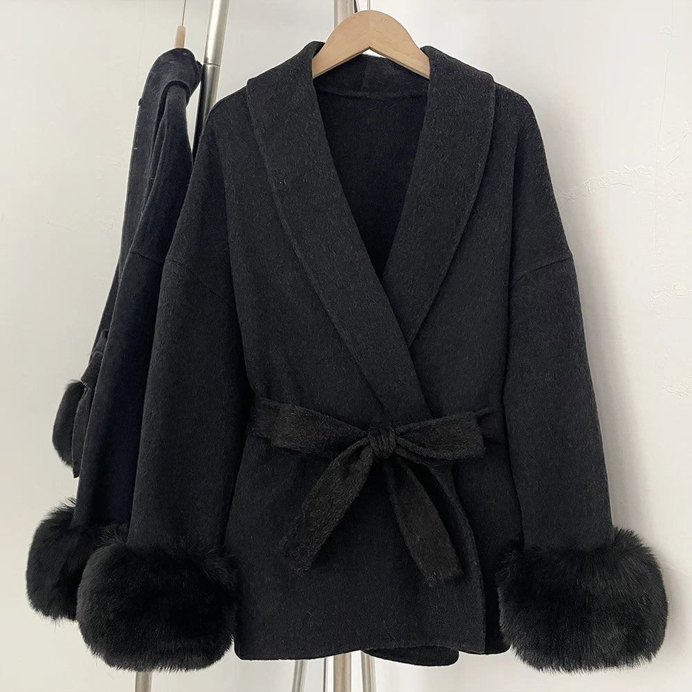 Wool Coat Faux Fur Women Overcoat Fake Fox Fur Patchwork Woolen Coat Fur Eco-friendly Lady Wool Jacket Artificial Autumn Spring