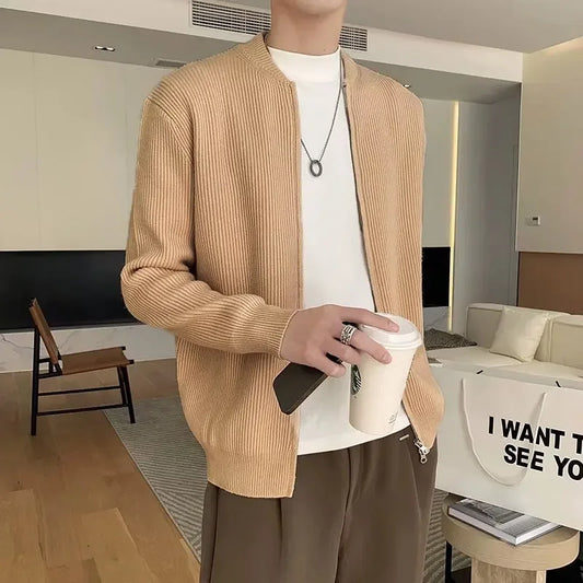 Zipper Cardigan Men V Neck Sweaters Flat Knitted Long Sleeve Jumpers Solid Loose Sweater Casual Slight Strech Winter 2024