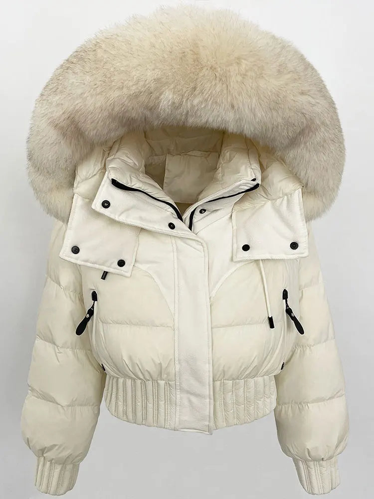 CXFS 2025 Winter Jacket Women Short Natural Real Raccoon Fox Fur Collar Hooded White Duck Down Coat Thick Warm Casual Outerwear