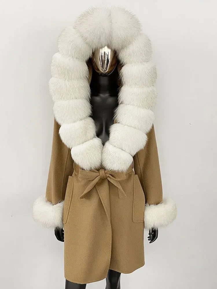 Natural Real Fox Fur Hooded Pocket Winter Jacket  100% Blends Wool Coat Women Loose Outerwear Casual Outerwear Streetwear