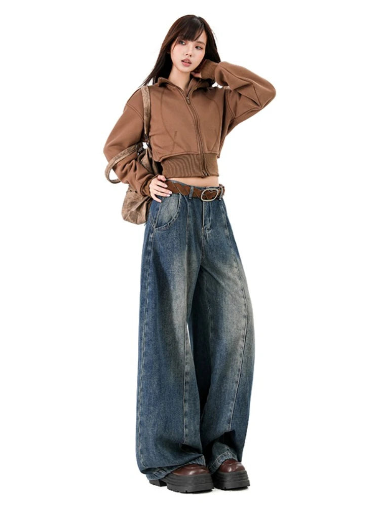 American Retro Plush Curved Knife Jeans – Autumn/Winter Wide-Leg Denim