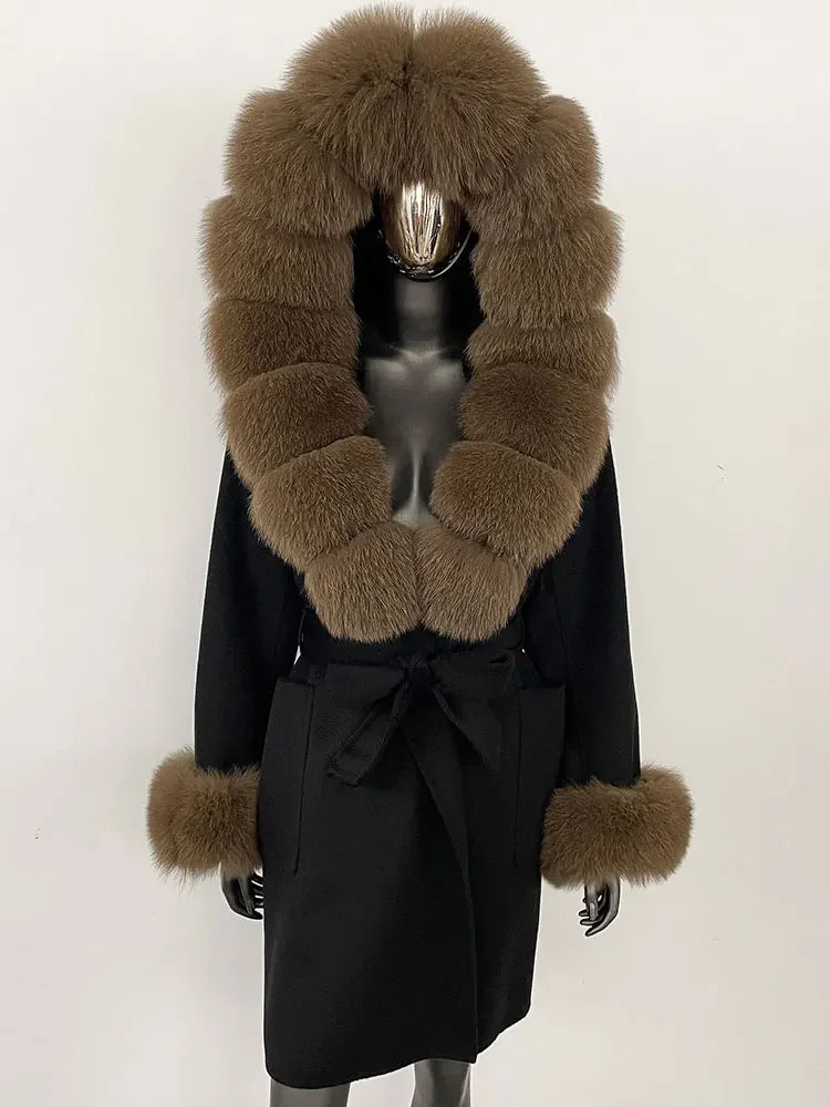 Natural Real Fox Fur Hooded Pocket Winter Jacket  100% Blends Wool Coat Women Loose Outerwear Casual Outerwear Streetwear