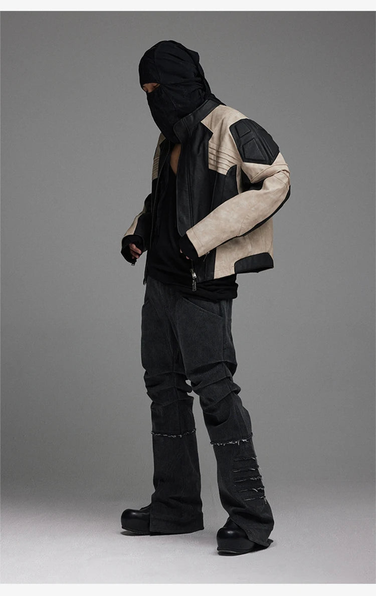 Mauroicardi Spring Autumn Cool Color Block Patchwork Pu Leather Jacket Men Zip Up Luxury Designer Clothes Runway Fashion 2023