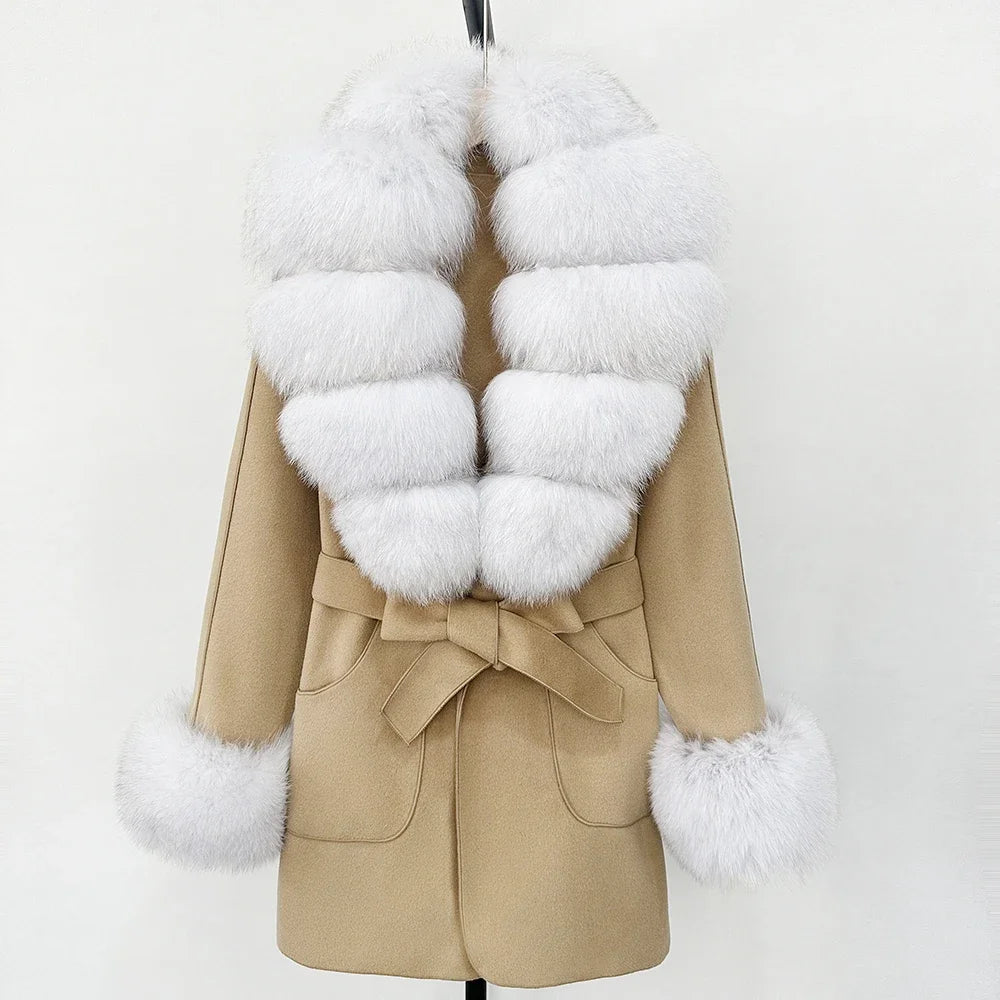 Fur Coat Natural Fur Collar Real Fox Fur Overcoat Female 2025 Autumn Winter Wool Coat Women Clothes Cuffs Woolen Jacket
