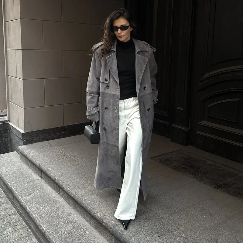 Vintage Suede Long Jackets Women Loose Lapel Double Breasted Belts Coats Female 2025 Autumn Winter Fashion Solid Thick Outwears