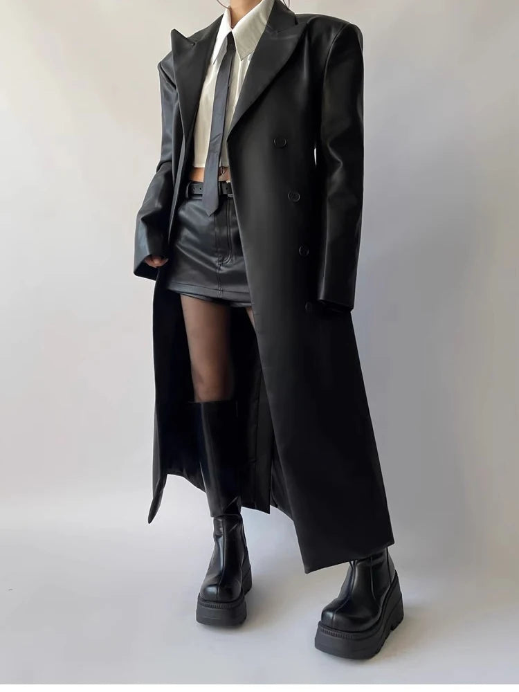 Autumn Long Black Fitted Soft Pu Leather Trench Coat for Women Shoulder Pads Double Breasted Luxury European Clothes