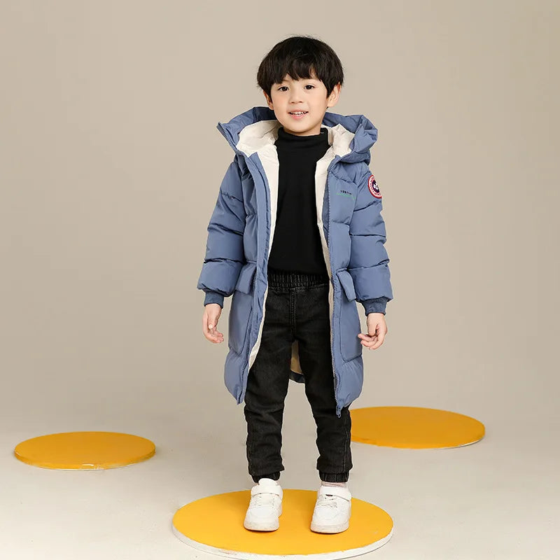 Children Down Cotton Winter Jacket Baby Boys Girls Korean Version Style Medium And Long Size Hooded Coat Baby Outerwear
