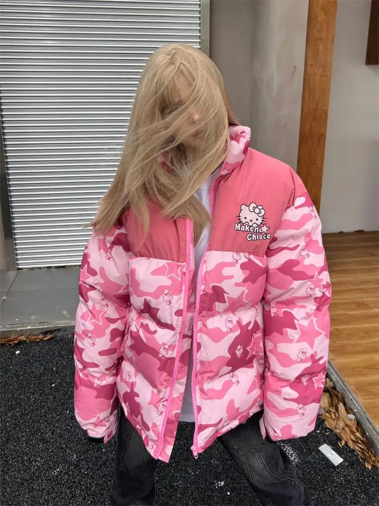 Hello Kitty Winter Women Camouflage Down Jacket Thicken Coat Sanrio Anime Kawaii Warm Cotton Clothes Tops Girl Student Loose