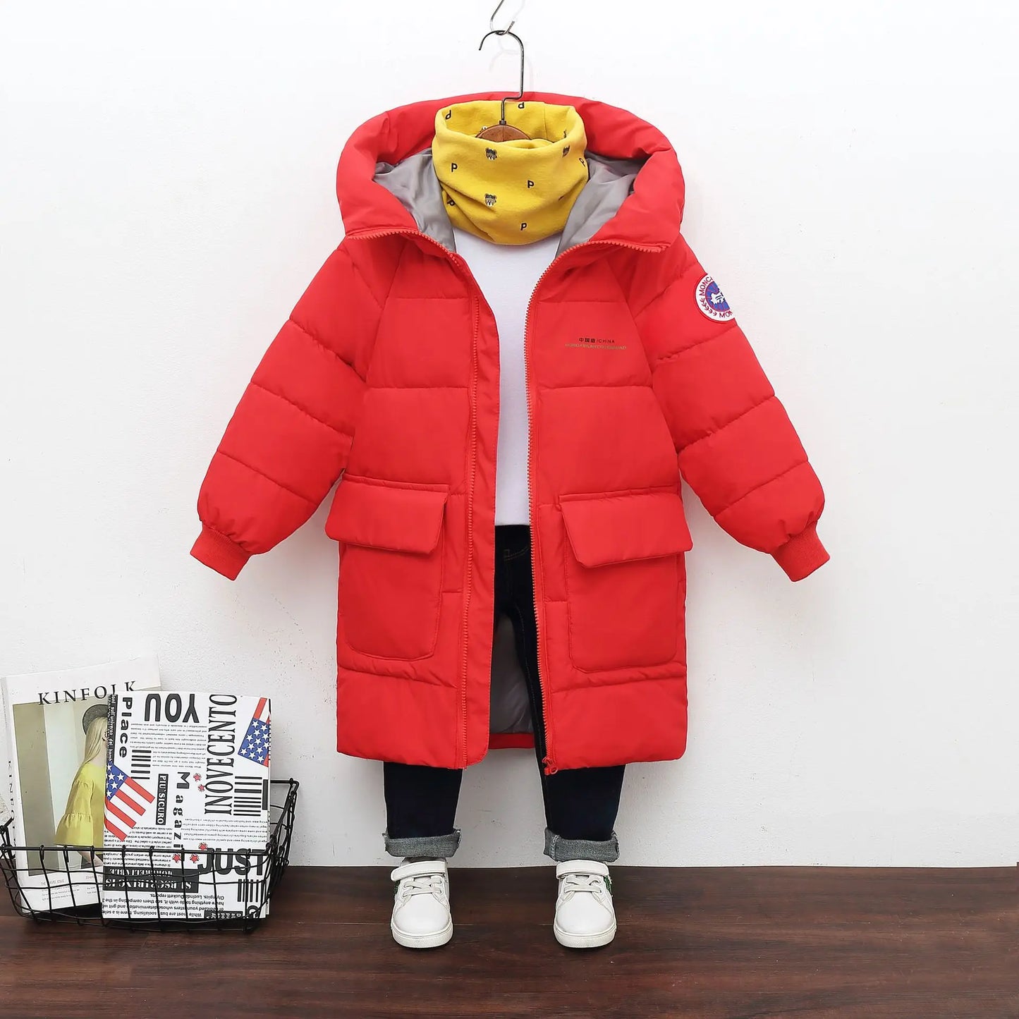 Children Down Cotton Winter Jacket Baby Boys Girls Korean Version Style Medium And Long Size Hooded Coat Baby Outerwear