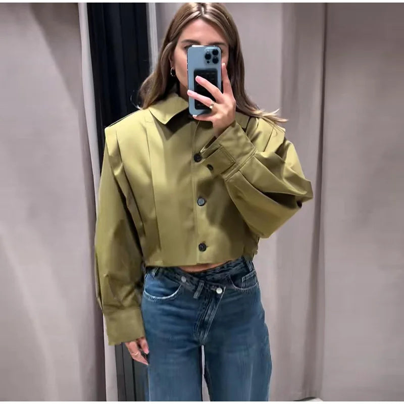 Street Women's Short Trench Coats Loose Lapel Single Breasted Long Sleeve Pleated Female Coat 2025 Spring Autumn Lady Outwear
