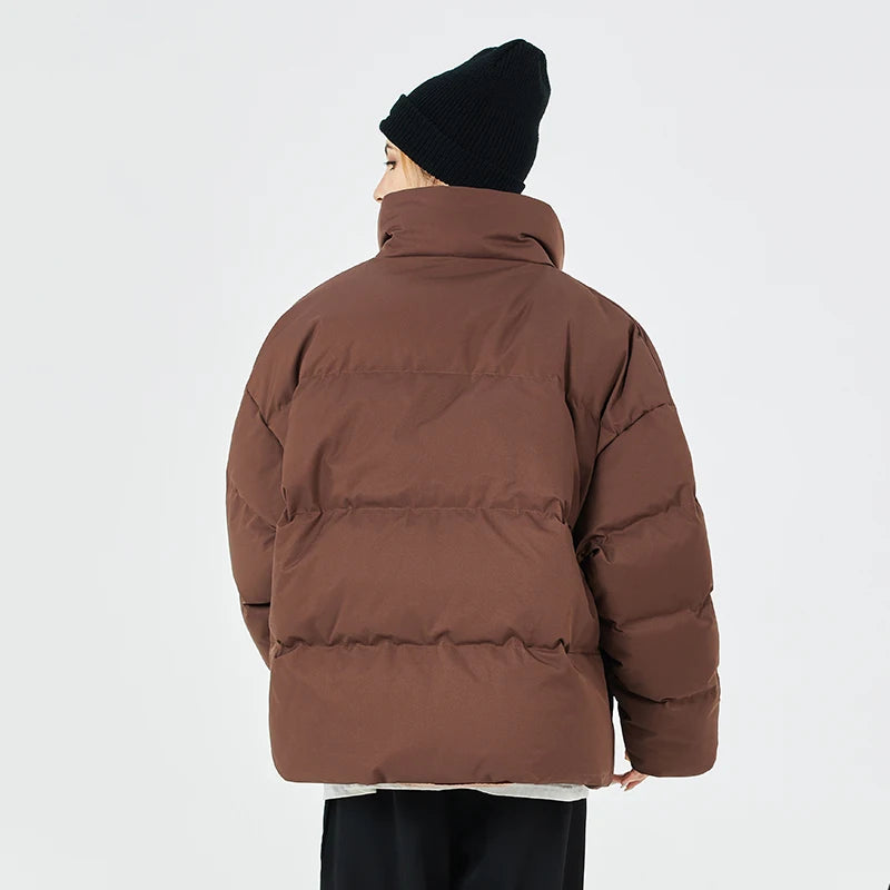 Unisex stand collar white solid color down Jacket Warm  Jackets Winter coat Loose Casual thick cotton Padded filled overCoat