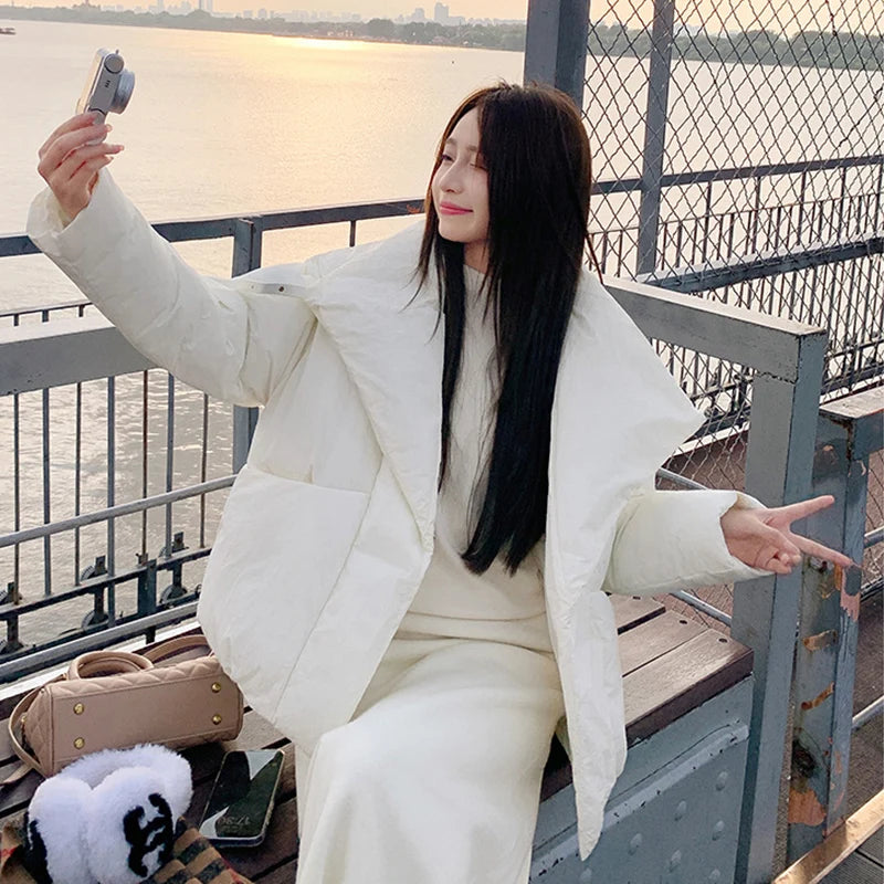 Women's Winter Lapel Puffer Jacket Loose Y2K Fashion Down Cotton Coat Woman Solid Color Casual Windproof Warm Cropped Parkas