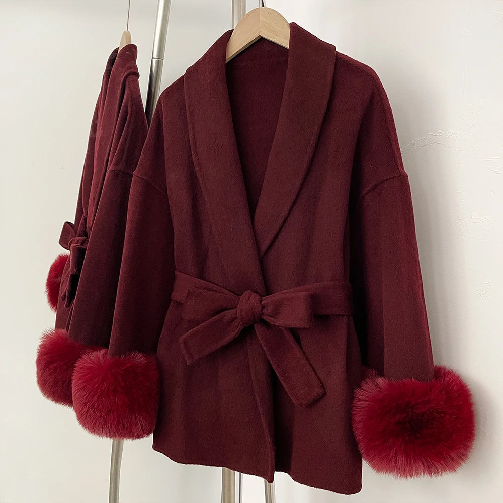 Wool Coat Faux Fur Women Overcoat Fake Fox Fur Patchwork Woolen Coat Fur Eco-friendly Lady Wool Jacket Artificial Autumn Spring